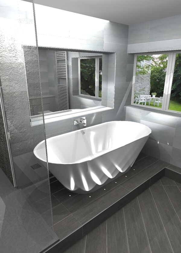 Pre install render - Bathroom render featuring towel rail, shower and freestanding bath