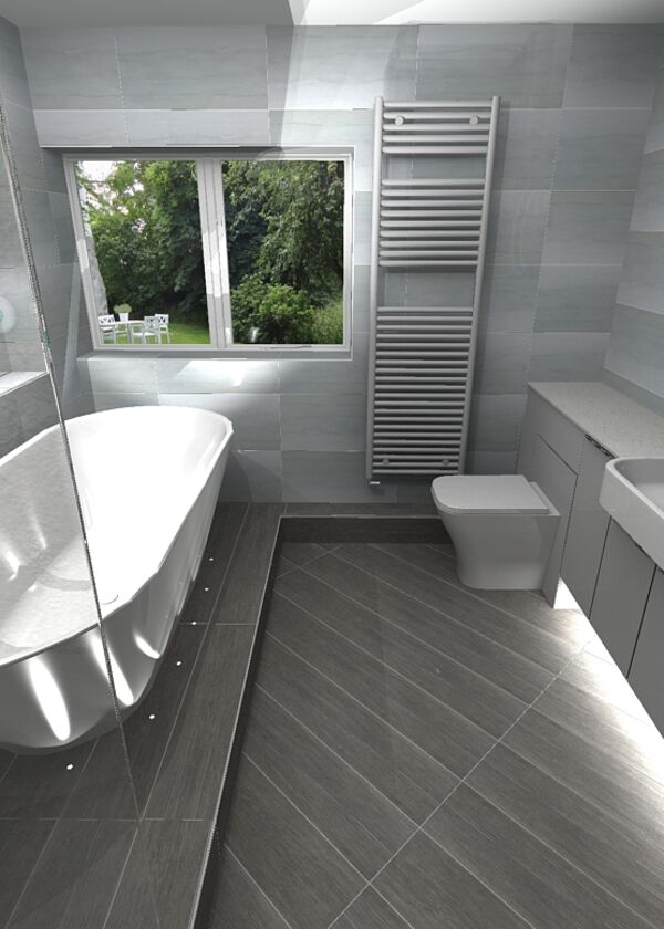 Pre install render - Render of full bathroom suite as you walk in Pre install render - Render of full bathroom suite as you walk in